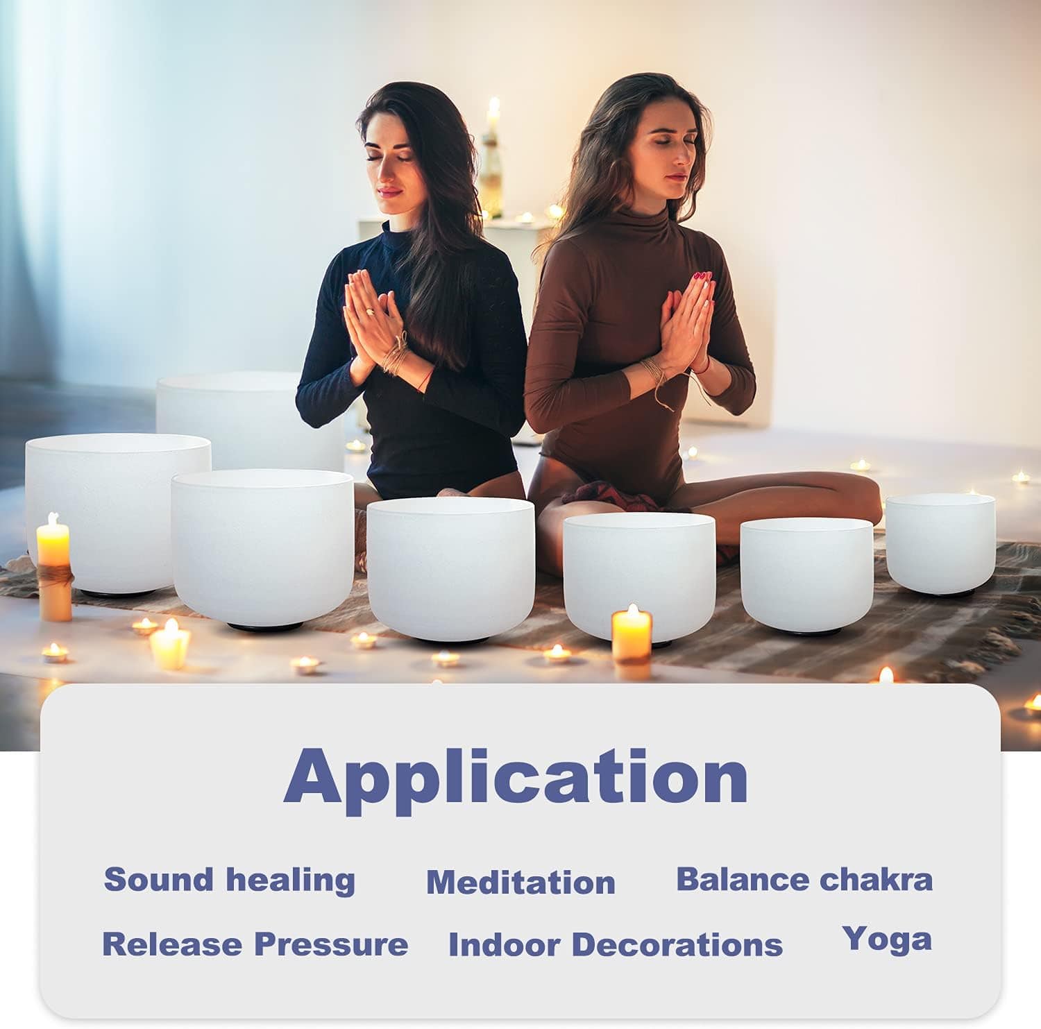 Crystal Singing Bowl Set used in meditation session for energy balance and sound therapy. Ideal for chakra alignment and mindfulness practice.