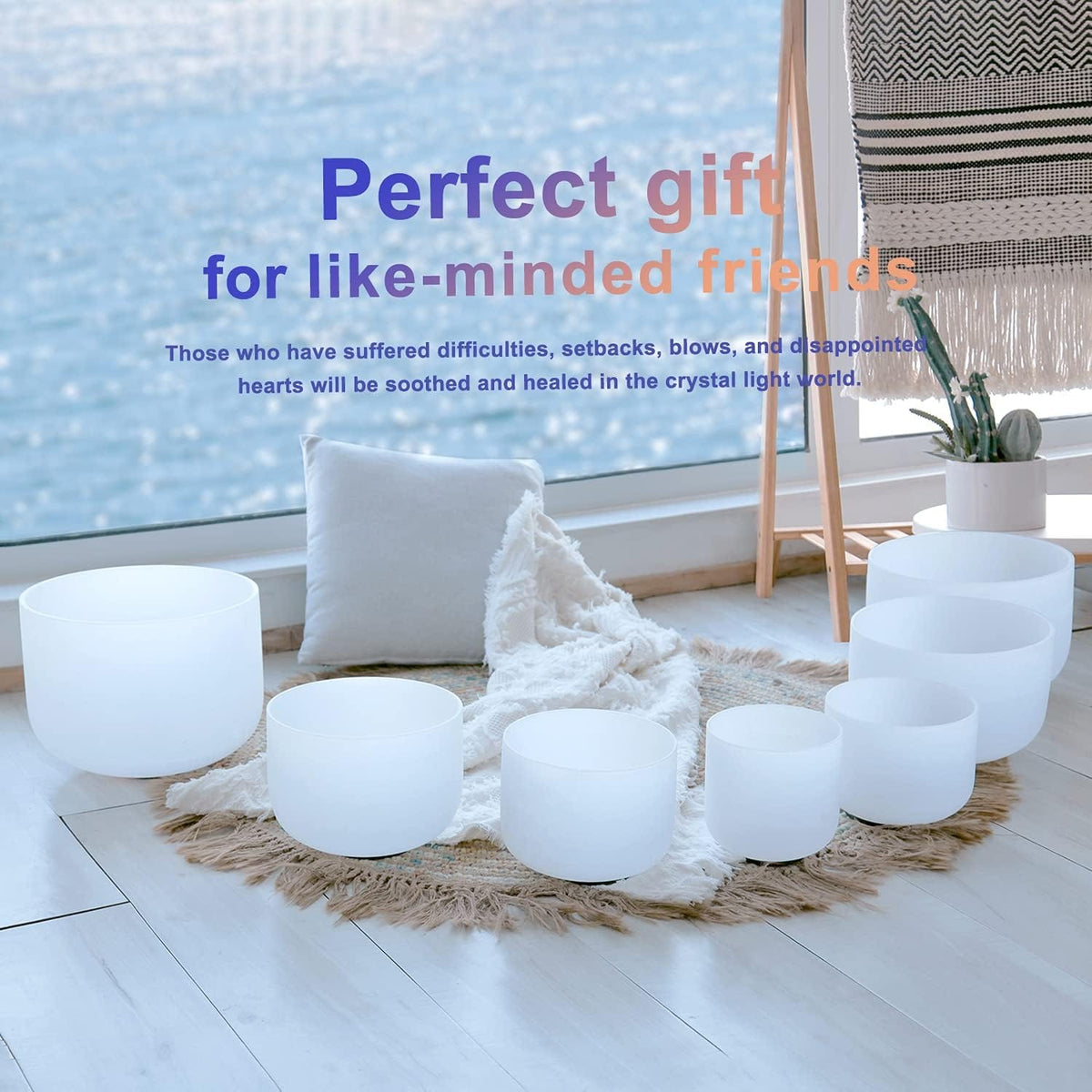 Crystal Singing Bowl Set used in meditation session for energy balance and sound therapy. Ideal for chakra alignment and mindfulness practice.