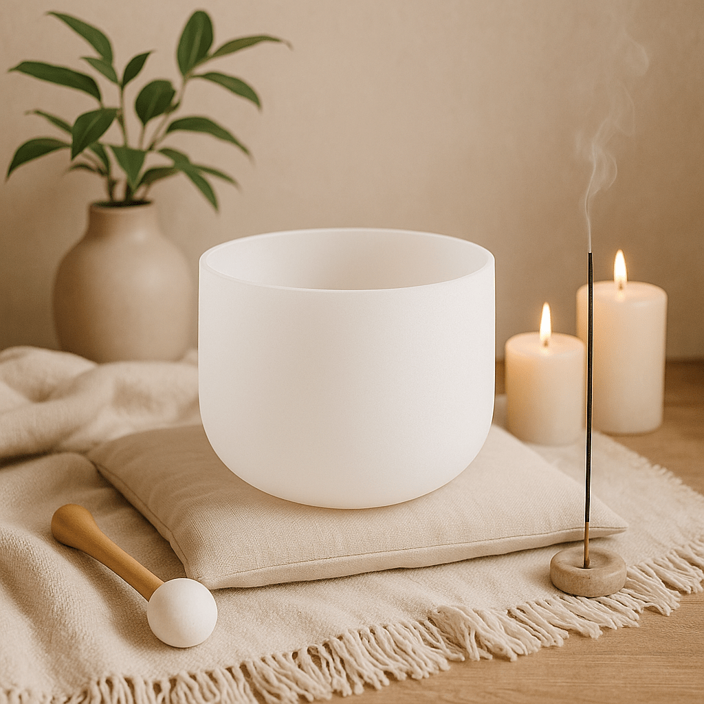 Crystal Singing Bowl Set used in meditation session for energy balance and sound therapy. Ideal for chakra alignment and mindfulness practice.