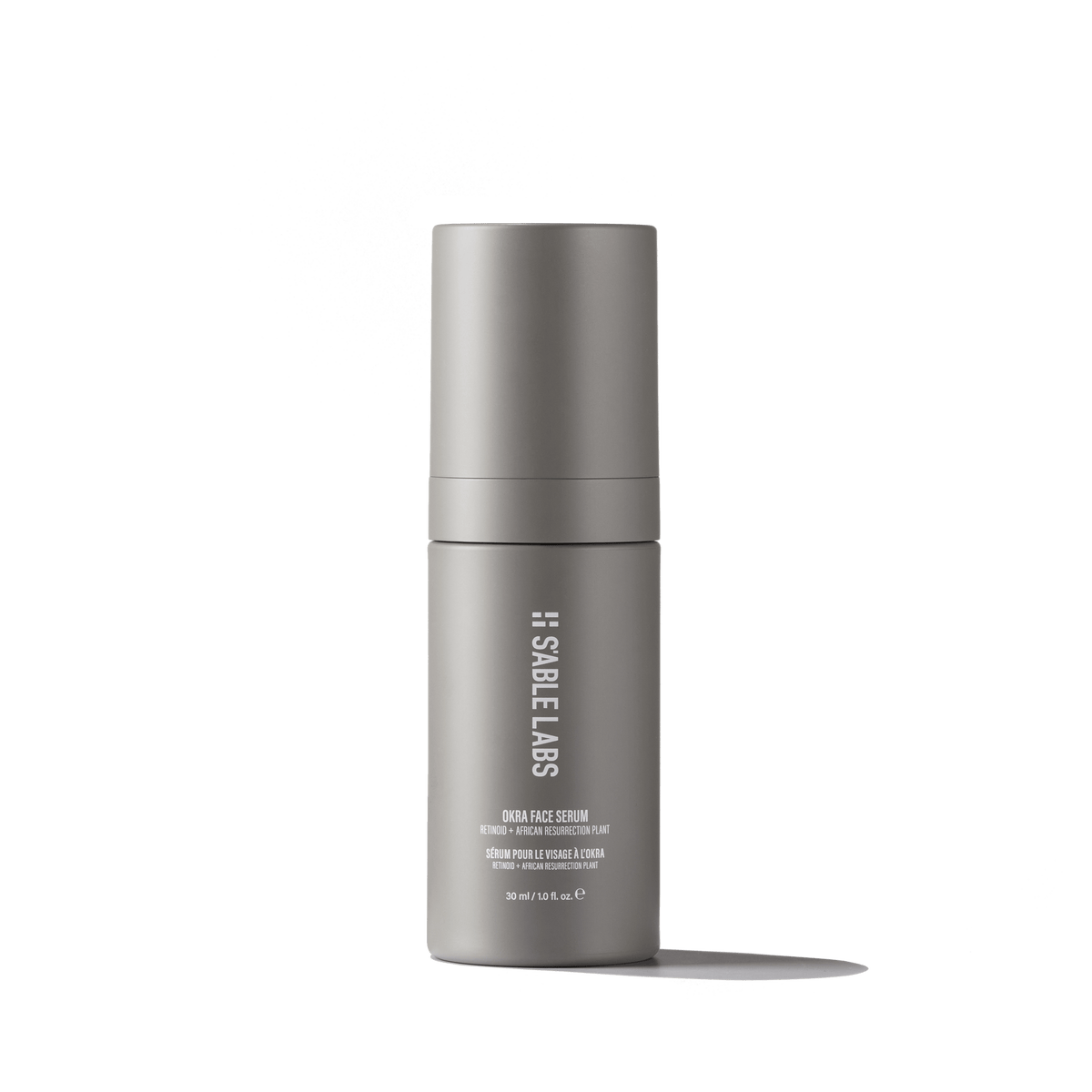 Okra Face Serum by S’Able Labs in sleek grey bottle, a retinoid face serum targeting hyperpigmentation and fine lines for radiant skin.