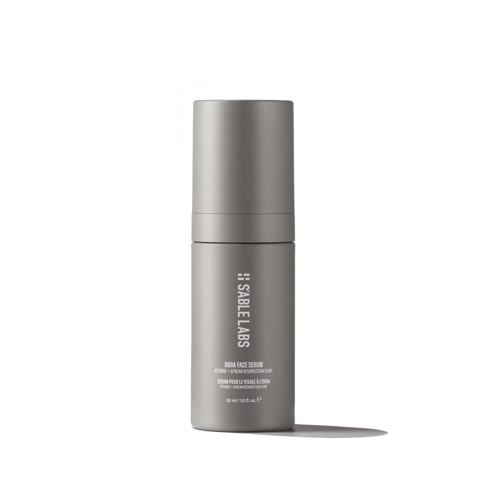 Okra Face Serum by S’Able Labs in sleek grey bottle, a retinoid face serum targeting hyperpigmentation and fine lines for radiant skin.