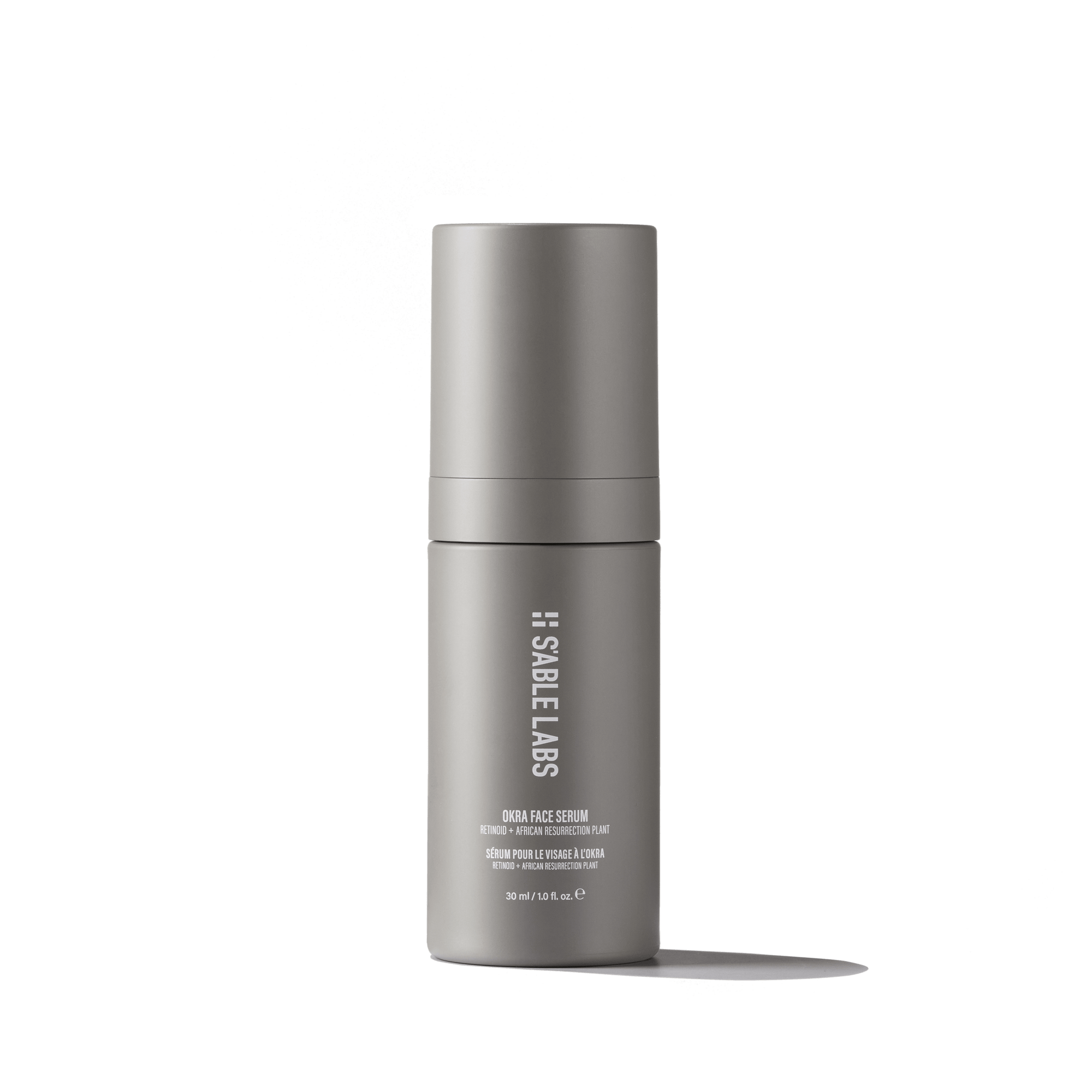 Okra Face Serum by S’Able Labs in sleek grey bottle, a retinoid face serum targeting hyperpigmentation and fine lines for radiant skin.