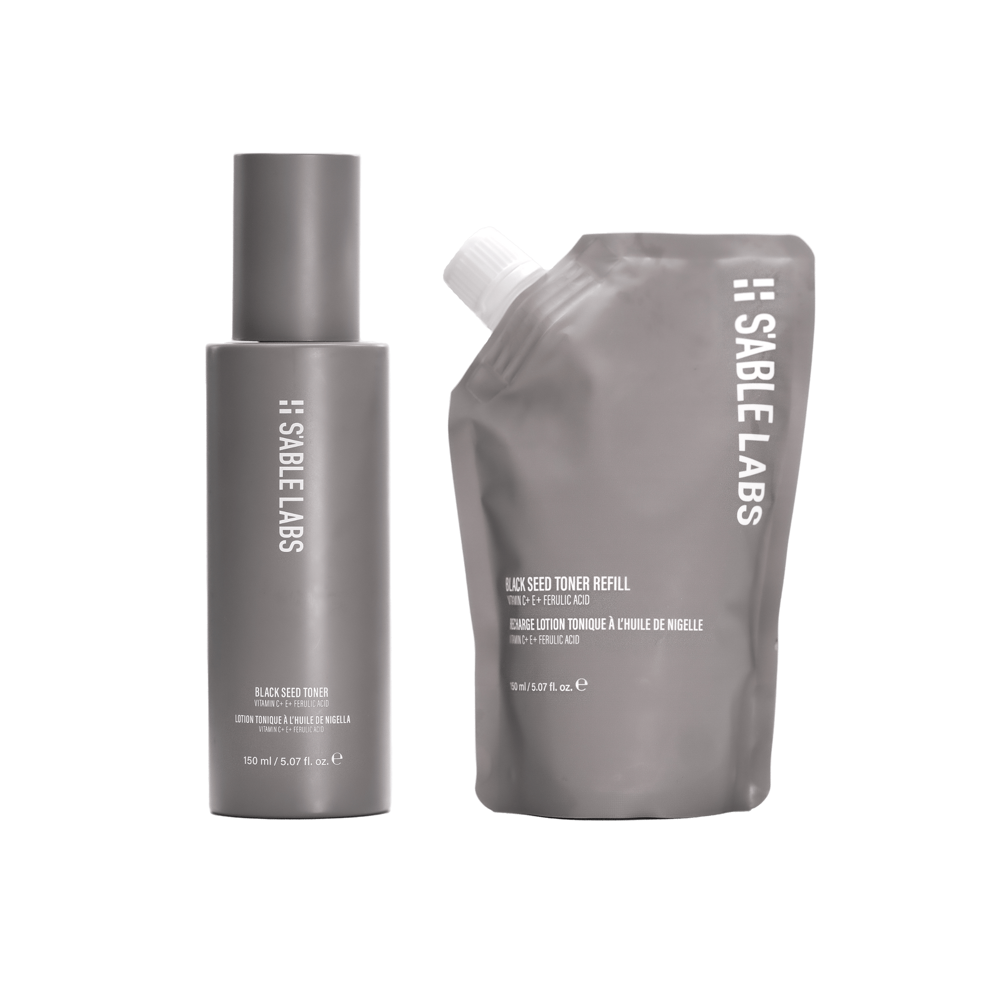 Black Seed Toner Refill - Radiance Restored in eco-friendly pouch by S’Able Labs. Features Vitamin C, E, black seed, and chamomile for glowing skin.