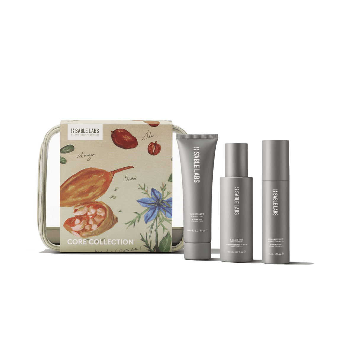 S&#39;ABLE Labs Core Collection Giftset featuring Qasil Cleanser, Black Seed Toner, and Baobab Moisturiser in sleek grey packaging with a botanical-themed box.