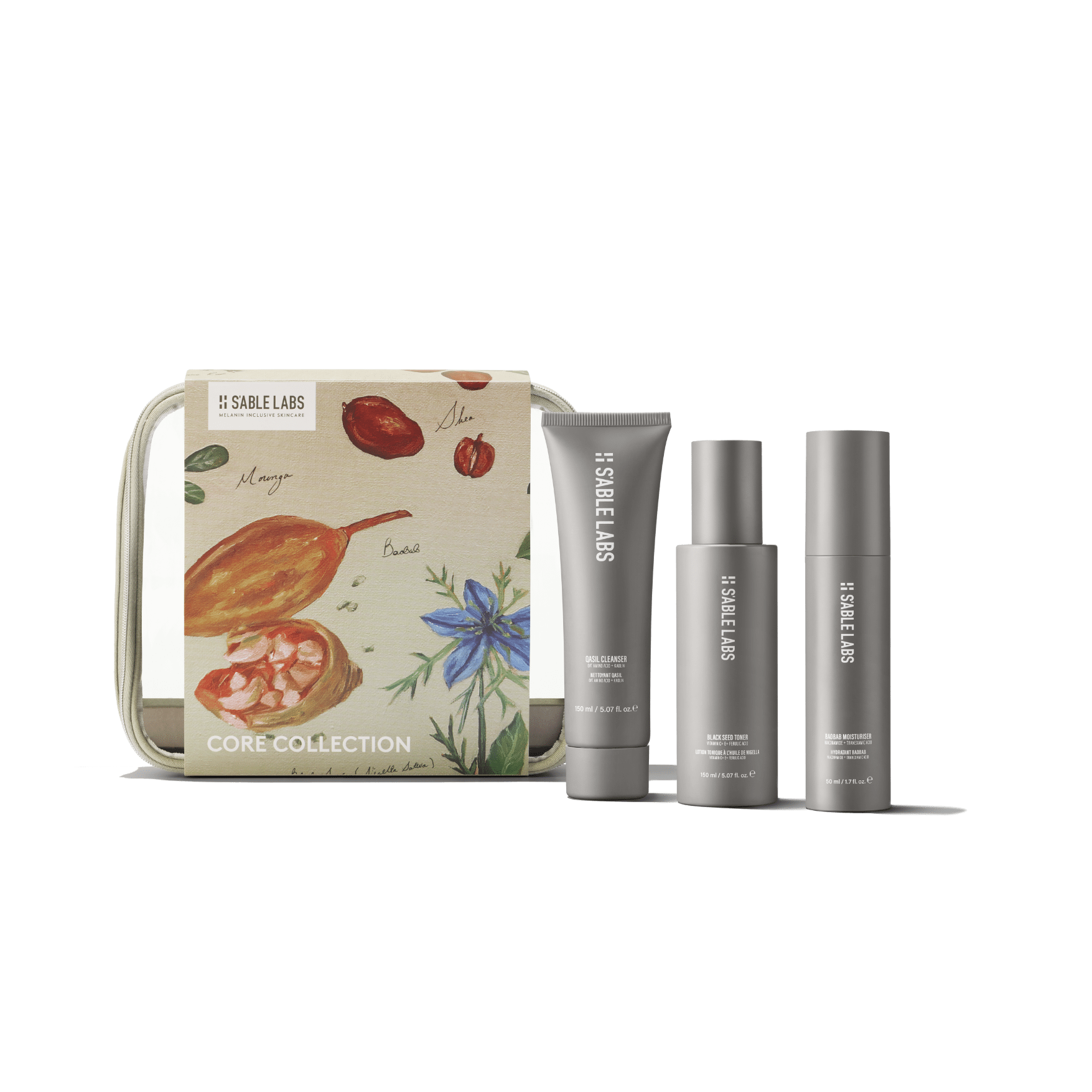 S'ABLE Labs Core Collection Giftset featuring Qasil Cleanser, Black Seed Toner, and Baobab Moisturiser in sleek grey packaging with a botanical-themed box.