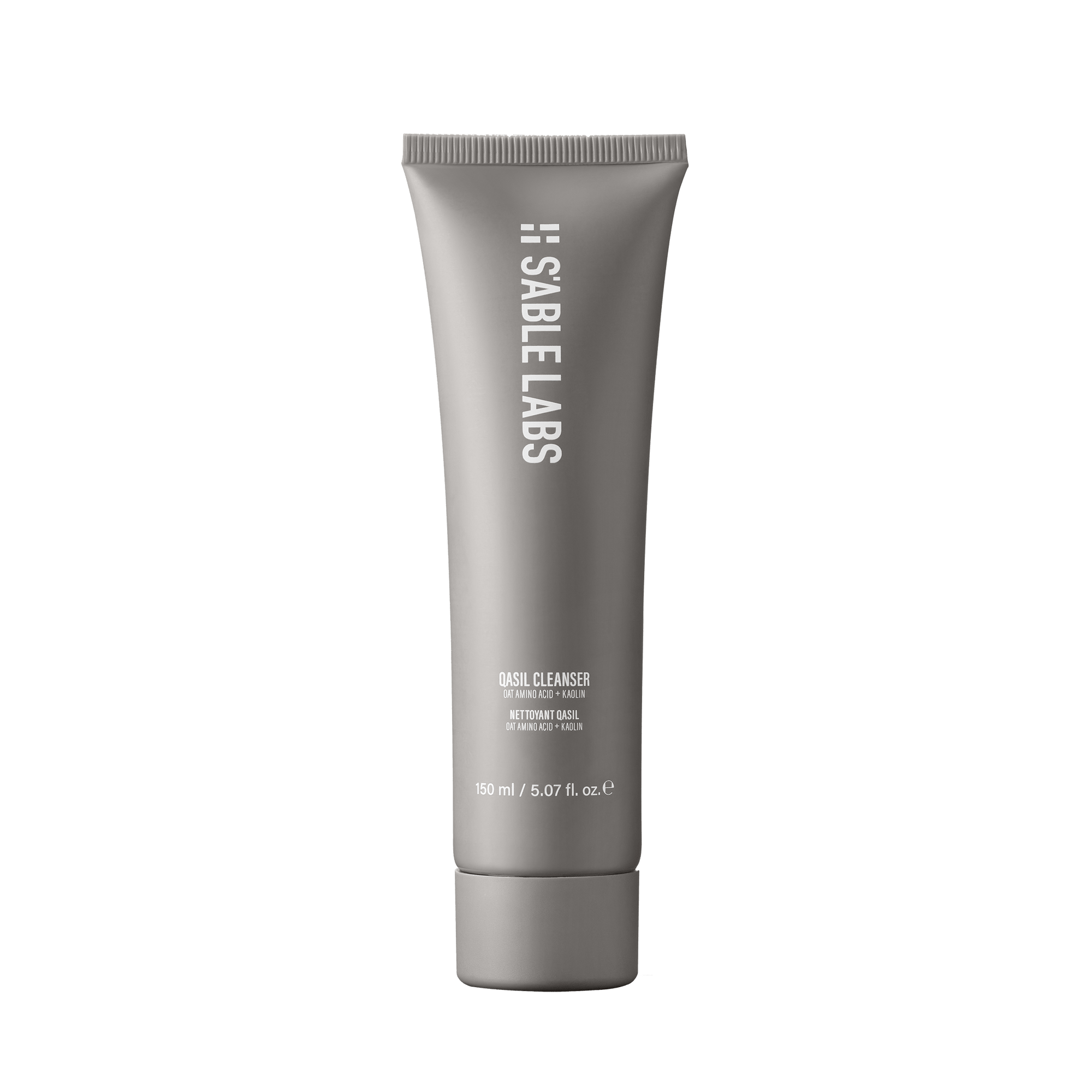 Qasil Cleanser by S’Able Labs in a sleek grey 150ml tube. Sulfate-free brightening facial cleanser for nourishing and clarifying skin care routine.