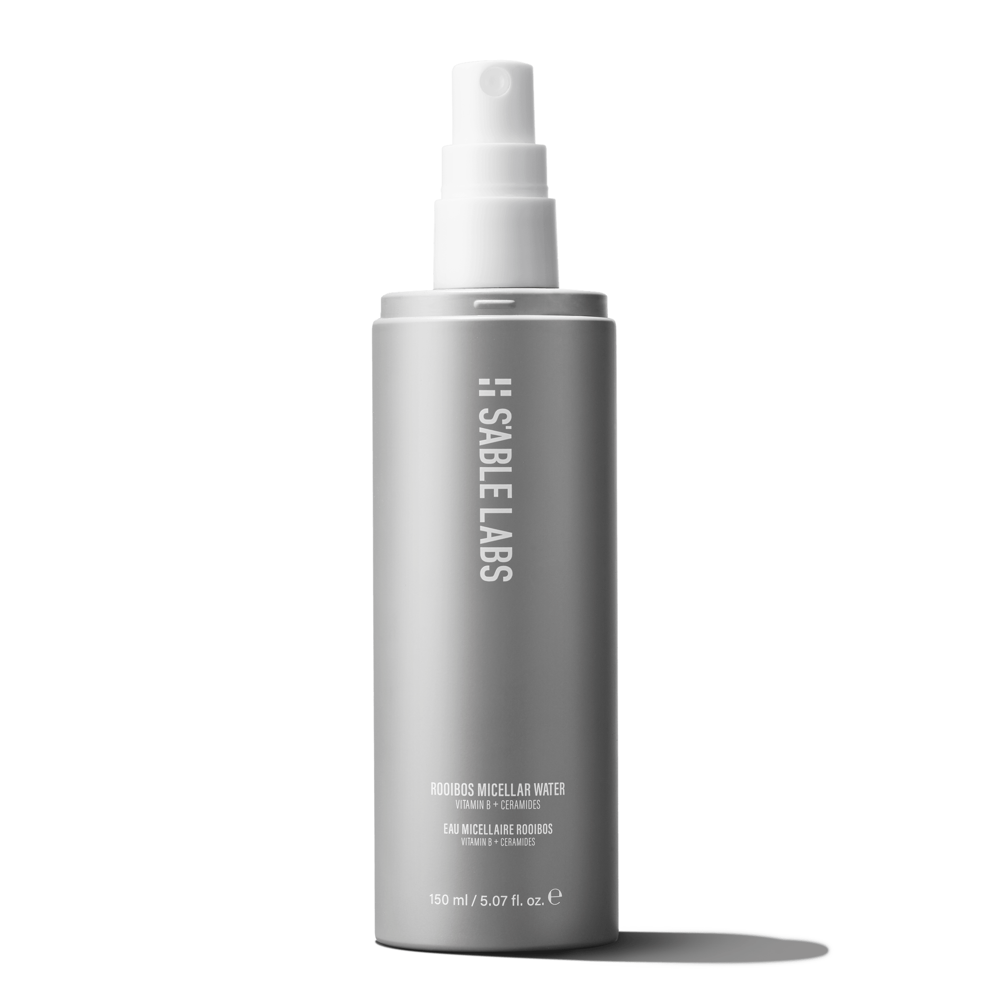 S’Able Labs Rooibos Micellar Water in sleek silver 150ml bottle, ideal for gentle makeup removal and hydrating skincare routine.