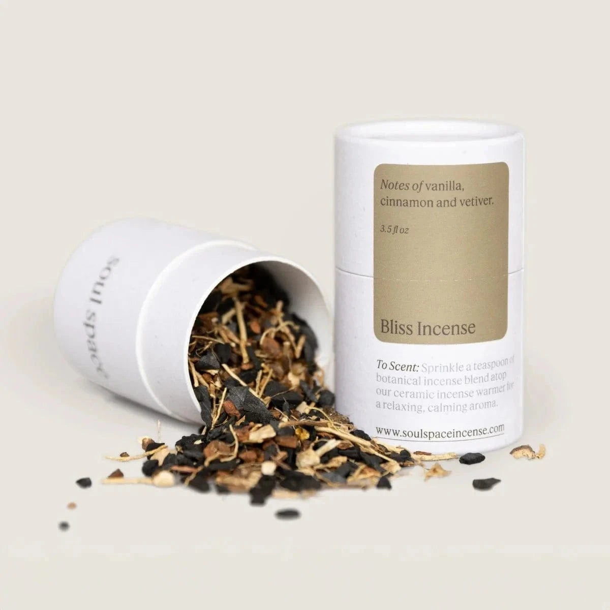 Bliss Incense Vanilla & Opopanax blend in white cylindrical packaging with loose botanical incense mix, ideal for relaxation and mood enhancement.