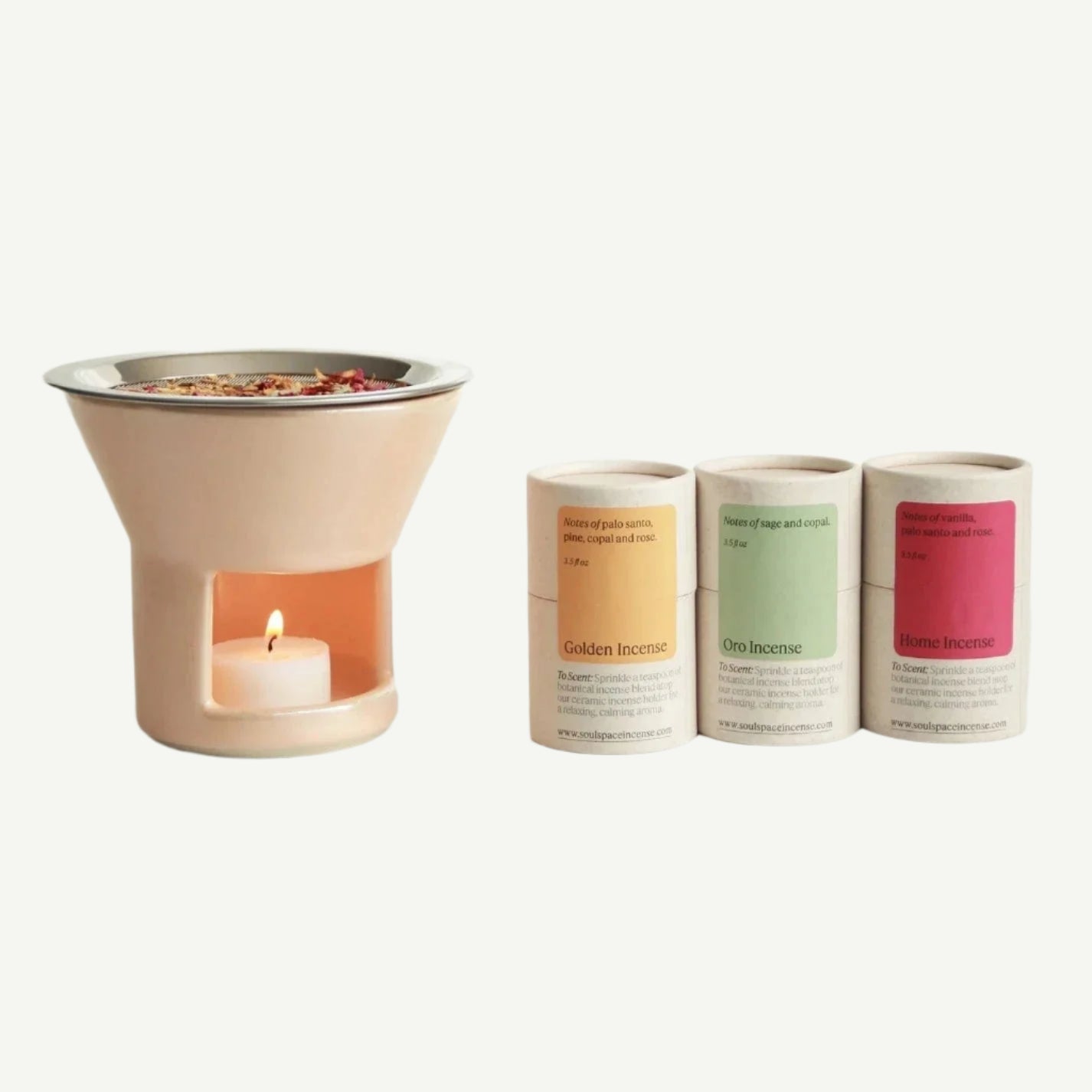 Ceramic Incense Holder Bundle with three artisan-crafted incense blends in labeled tubes: Golden, Oro, and Home Incense. Loose incense herbs spilled beside packaging.