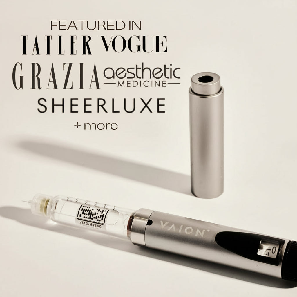 Silver electronic device with VAION branding on a white background, featuring magazines like Tatler, Vogue, Grazia, and Aesthetic Medicine.