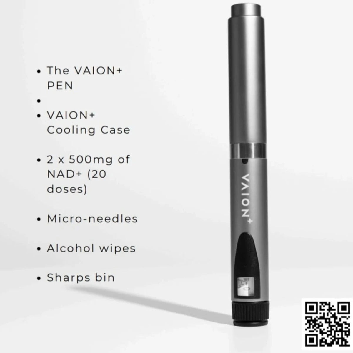 VAION+ NAD Pen - Cellular Wellness Solution | Boosts Energy. Sleek silver wellness pen held by hand, ideal for enhancing energy and focus.