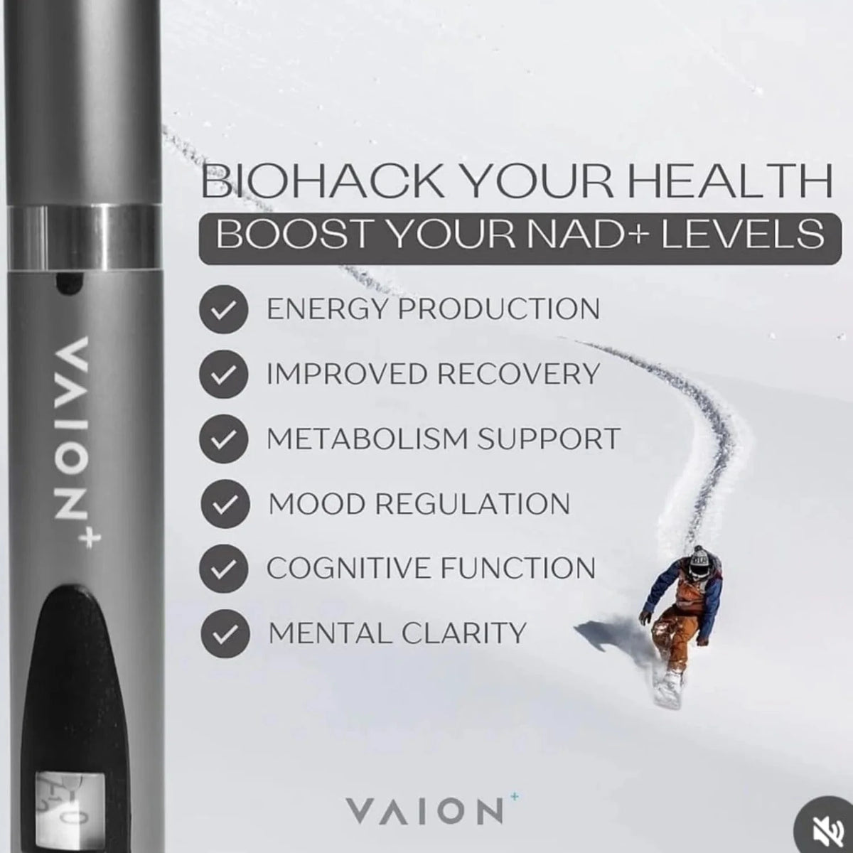 VAION+ NAD Pen - Cellular Wellness Solution | Boosts Energy. Sleek silver wellness pen held by hand, ideal for enhancing energy and focus.