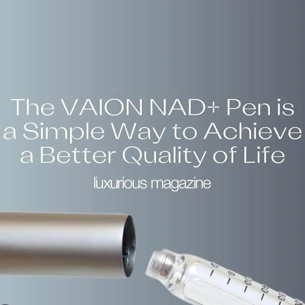 VAION+ NAD Pen - Cellular Wellness Solution | Boosts Energy. Sleek silver wellness pen held by hand, ideal for enhancing energy and focus.