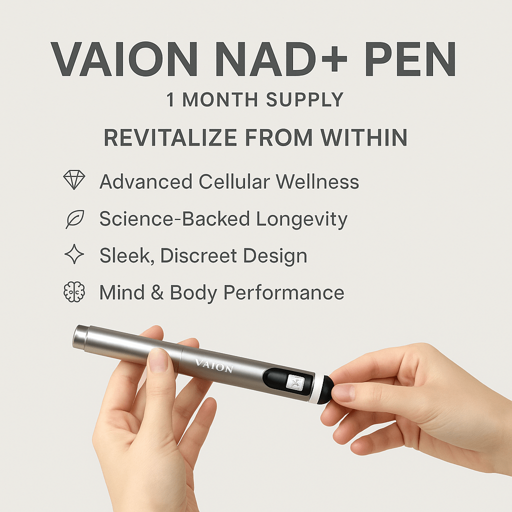 VAION+ NAD Pen - Cellular Wellness Solution | Boosts Energy. Sleek silver wellness pen held by hand, ideal for enhancing energy and focus.